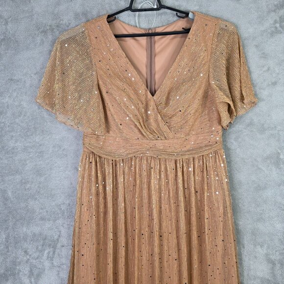 Womens Unit Horse Sequin Embellished Gold Maxi Dress Short Sleeves V Neck XXL - Picture 3 of 10